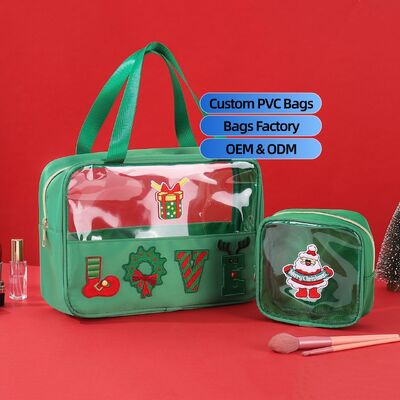 2026 New Arrivals PVC Christmas Makeup Bag with Embroidered Initials Waterproof Large Capacity Portable Travel Toiletry Bags