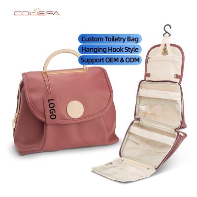 Colefa Customizable PU Leather Waterproof Toiletry Bag Makeup Pouch Storage with Hook Travel & Daily Bathroom Essentials Bags