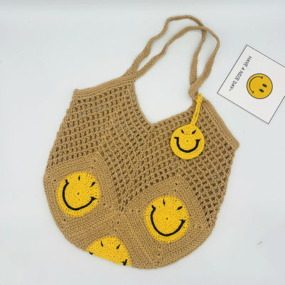 Smiley Face Openwork Cotton Yarn Knit Bag Summer Large Capacity Women's Tote Bag Vacation Crochet Single-Shoulder Mesh Tote