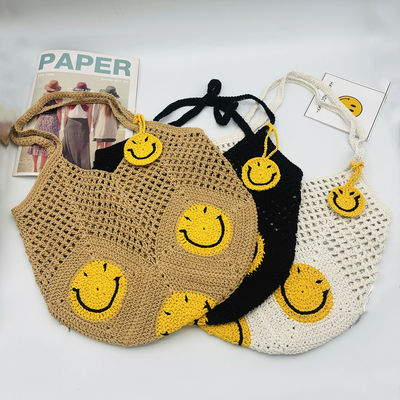 Smiley Face Openwork Cotton Yarn Knit Bag Summer Large Capacity Women's Tote Bag Vacation Crochet Single-Shoulder Mesh Tote