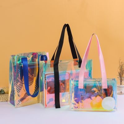 Premium PVC Handled Bags with Laser effect Customizable Shopping Bags with Logo Printing Waterproof TPU Iridescent Jelly Bags