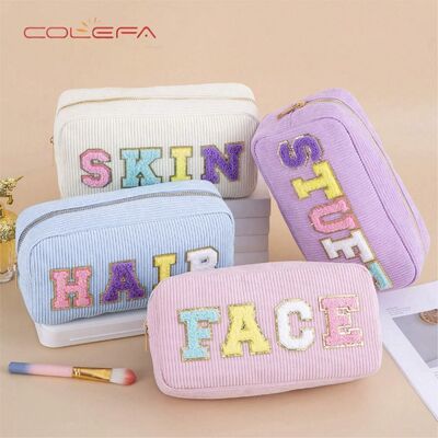 Customizable Embroidered Letter Storage Pouch Corduroy Made Cosmetic Bag Portable Toiletry Large Capacity Makeup Bags