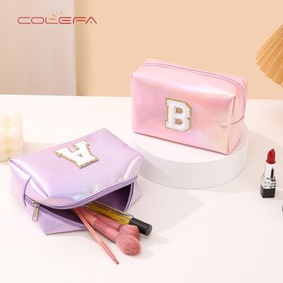 Pearlescent PU Leather Embroidered Letter Makeup Bag Large Capacity Toiletry Bag Travel Daily Organizer Clutch Cosmetic Bags