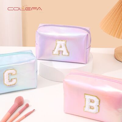 Pearlescent PU Leather Embroidered Letter Makeup Bag Large Capacity Toiletry Bag Travel Daily Organizer Clutch Cosmetic Bags