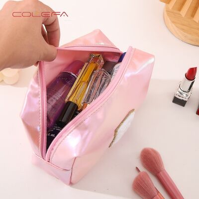 Pearlescent PU Leather Embroidered Letter Makeup Bag Large Capacity Toiletry Bag Travel Daily Organizer Clutch Cosmetic Bags