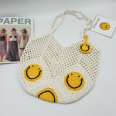 Smiley Face Openwork Cotton Yarn Knit Bag Summer Large Capacity Women's Tote Bag Vacation Crochet Single-Shoulder Mesh Tote