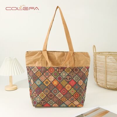 2026 New Trends European Cork Bark Shoulder Tote Bag with Ethnic-Style Printed Tote Bag Eco-Friendly with LOGO