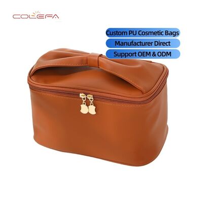 PU Cuero Suave Nueva Llegada Viaje Portátil Bolsas de Maquillaje Almacenamiento Gran Capacidad Impermeable Elegante Lazo Asa Bolsa de Cosméticos